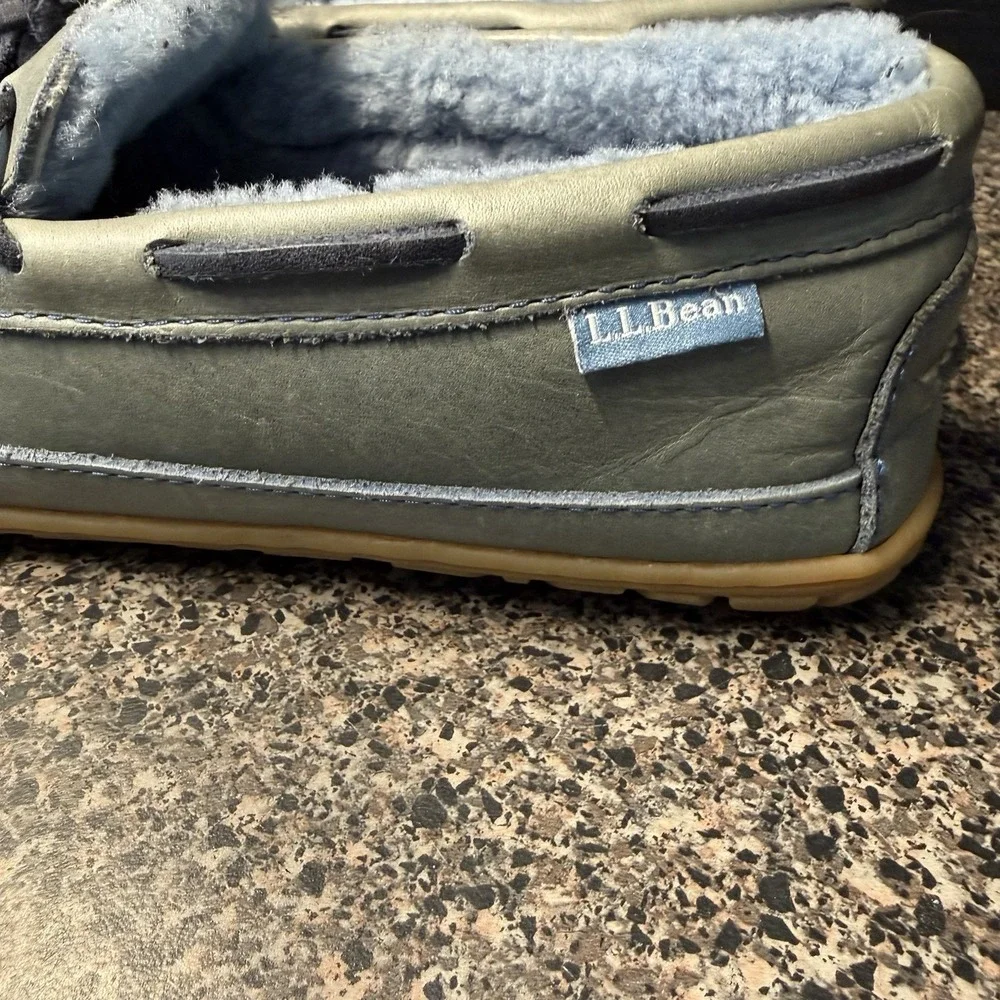 LL Bean Wicked Good Slippers Womens 8 Blue Gray Suede Moccasins Shearling Lined - Picture 2 of 15